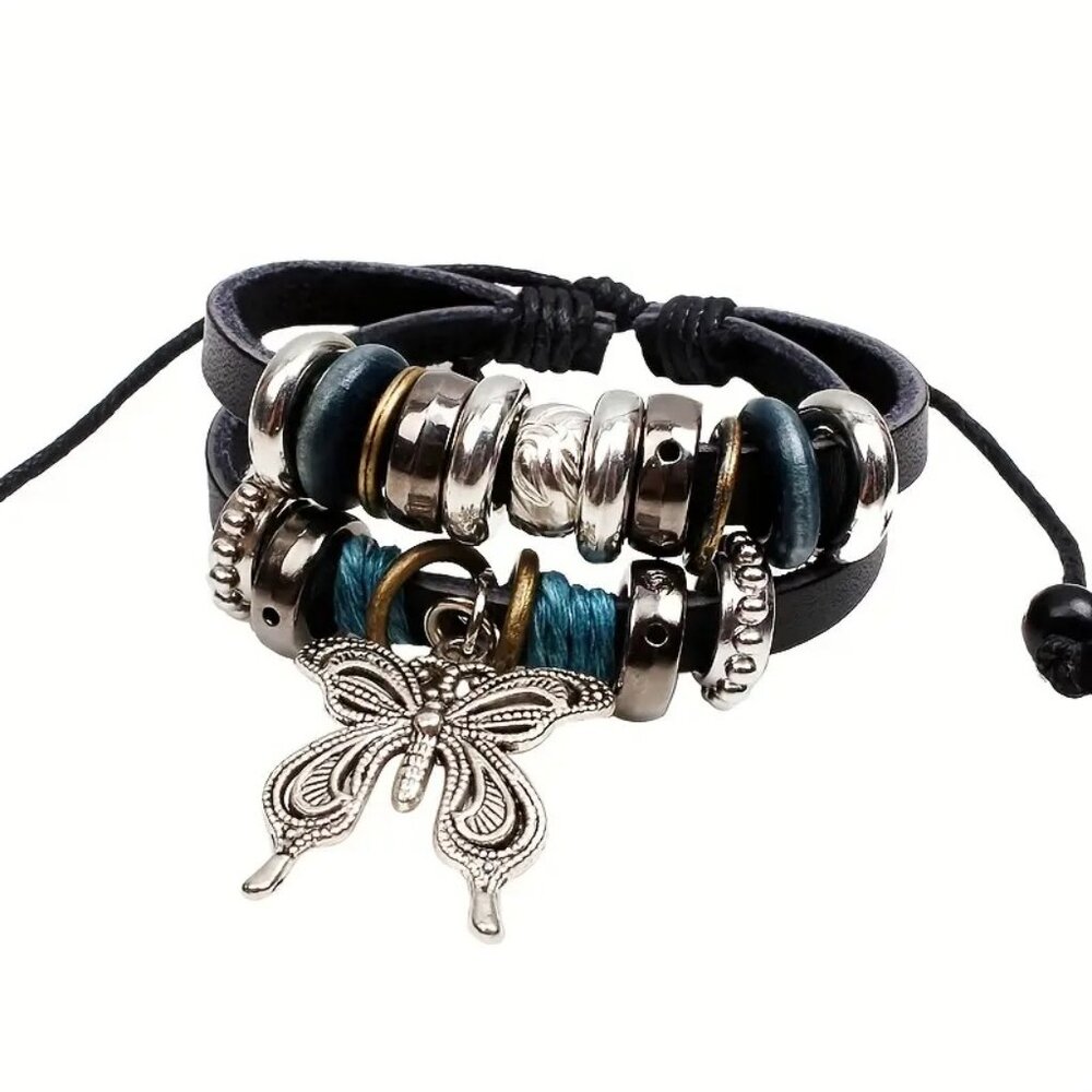 Mens Boutique Black Butterfly Love Shape Faux Leather UNISEX Rope Bead Bracelet